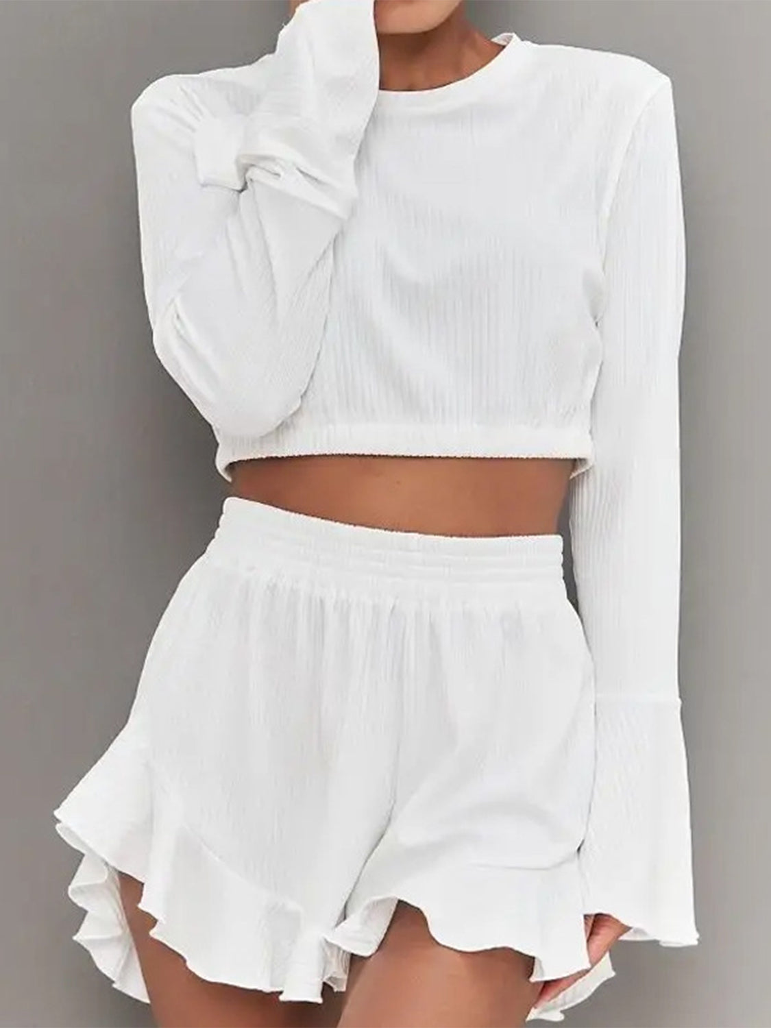 Round Neck Long Sleeve Top and Ruffled Shorts Set Trendsi