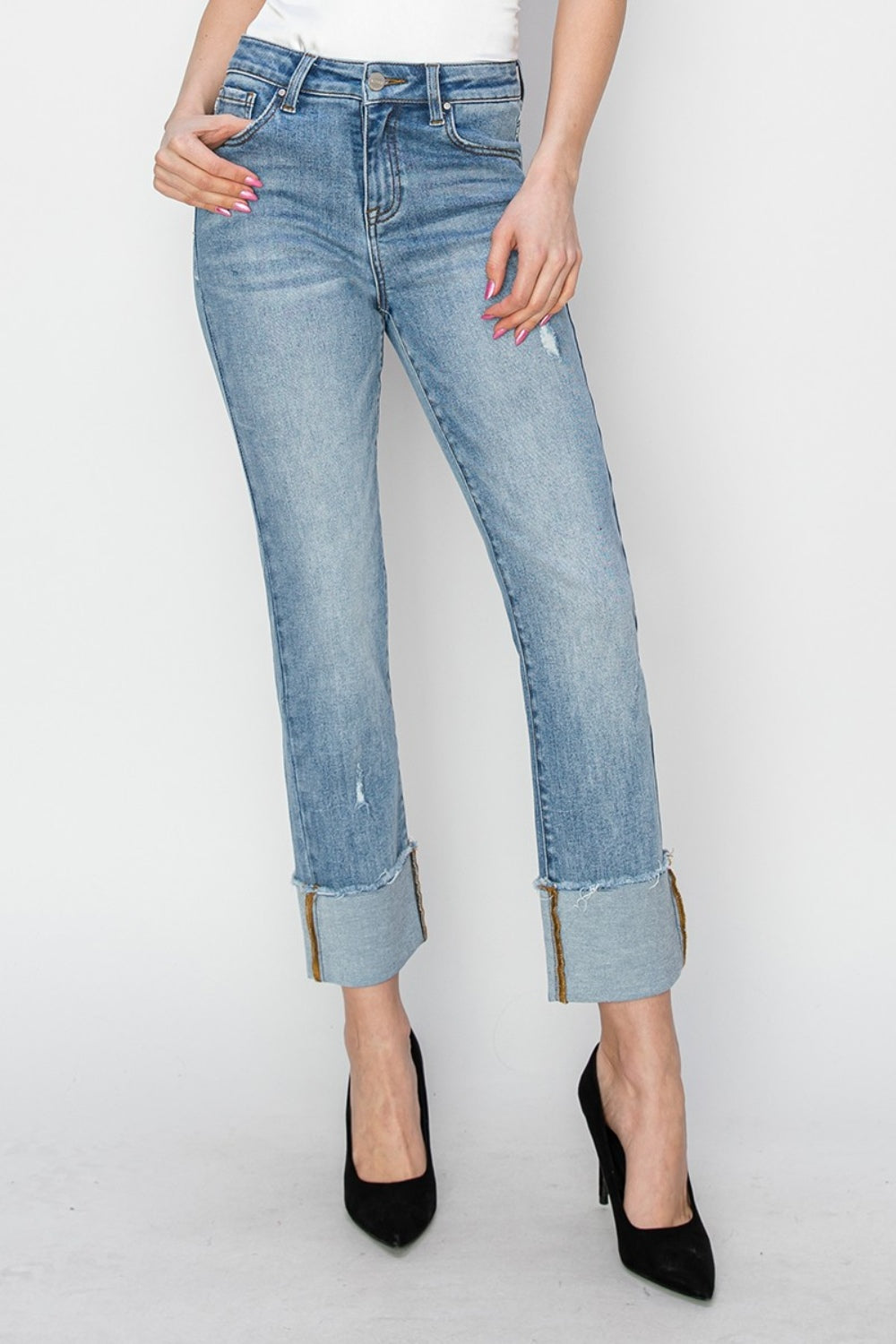 RISEN Full Size High Rise Cuffed Slim Straight Jeans Trendsi