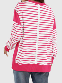 Slit Exposed Seam Striped Long Sleeve Sweatshirt Trendsi