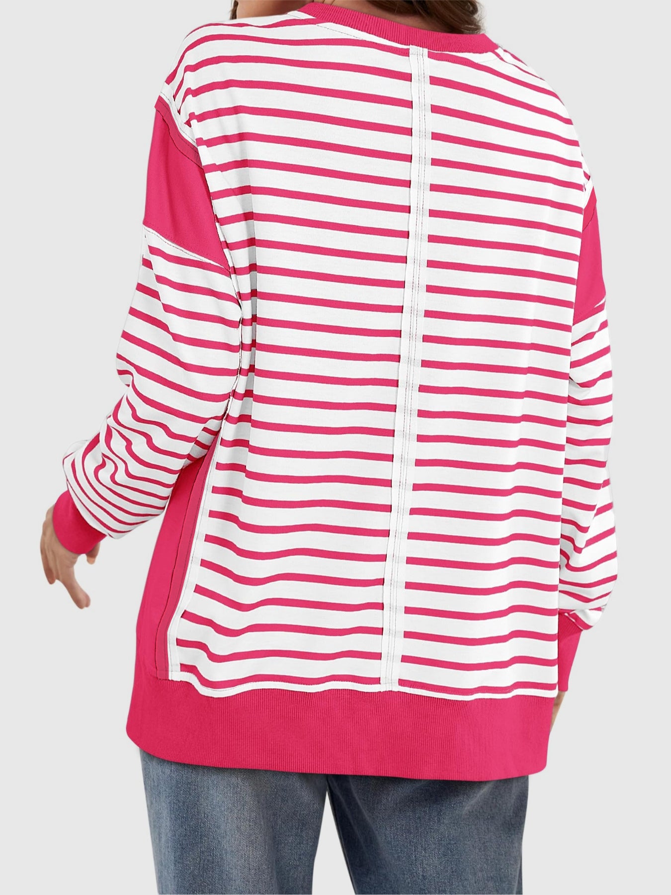 Slit Exposed Seam Striped Long Sleeve Sweatshirt Trendsi