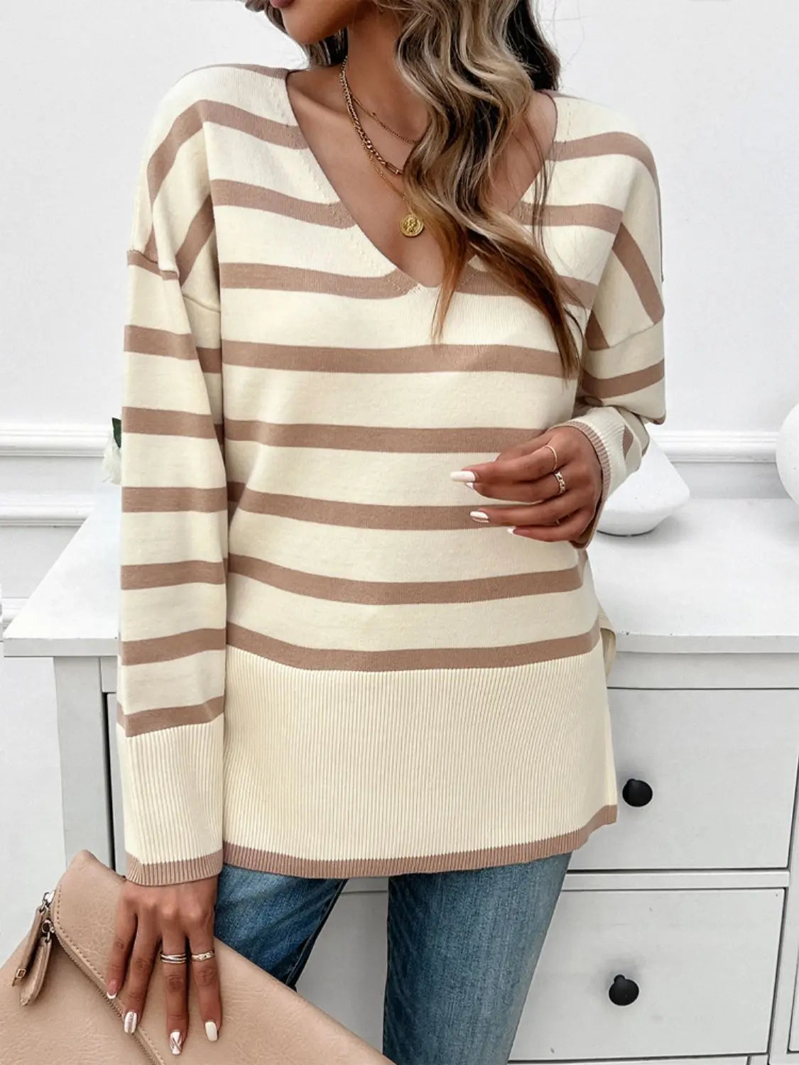 Striped V-Neck Long Sleeve Knit Top Trendsi