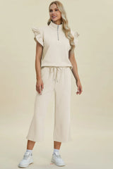 Double Take Full Size Texture Ruffle Short Sleeve Top and Wide Leg Pants Set Trendsi