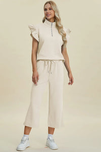 Double Take Full Size Texture Ruffle Short Sleeve Top and Wide Leg Pants Set Trendsi