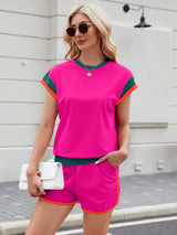 Contrast Round Neck Top and Shorts Set Trendsi