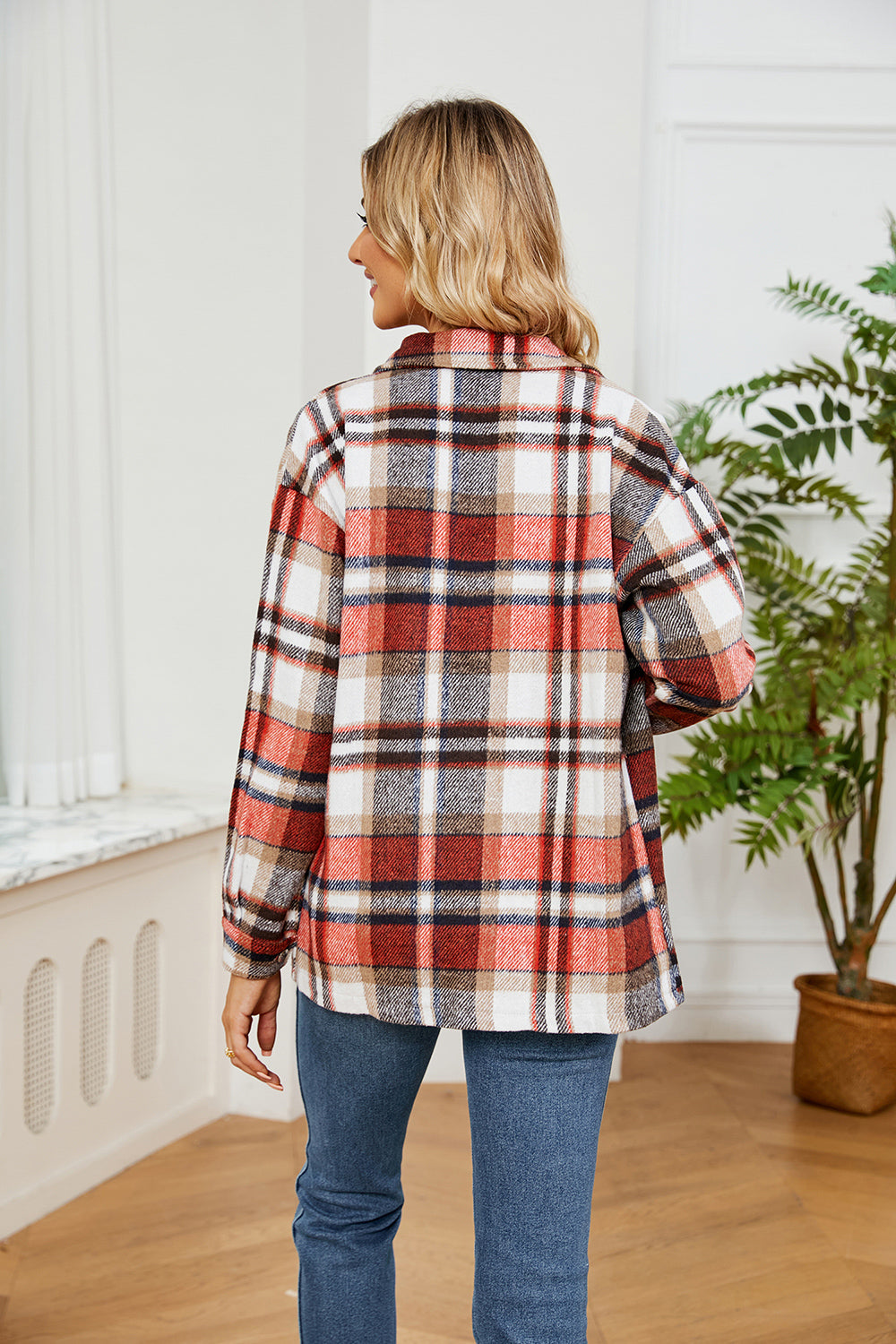 Button Down Collared Plaid Shacket Trendsi