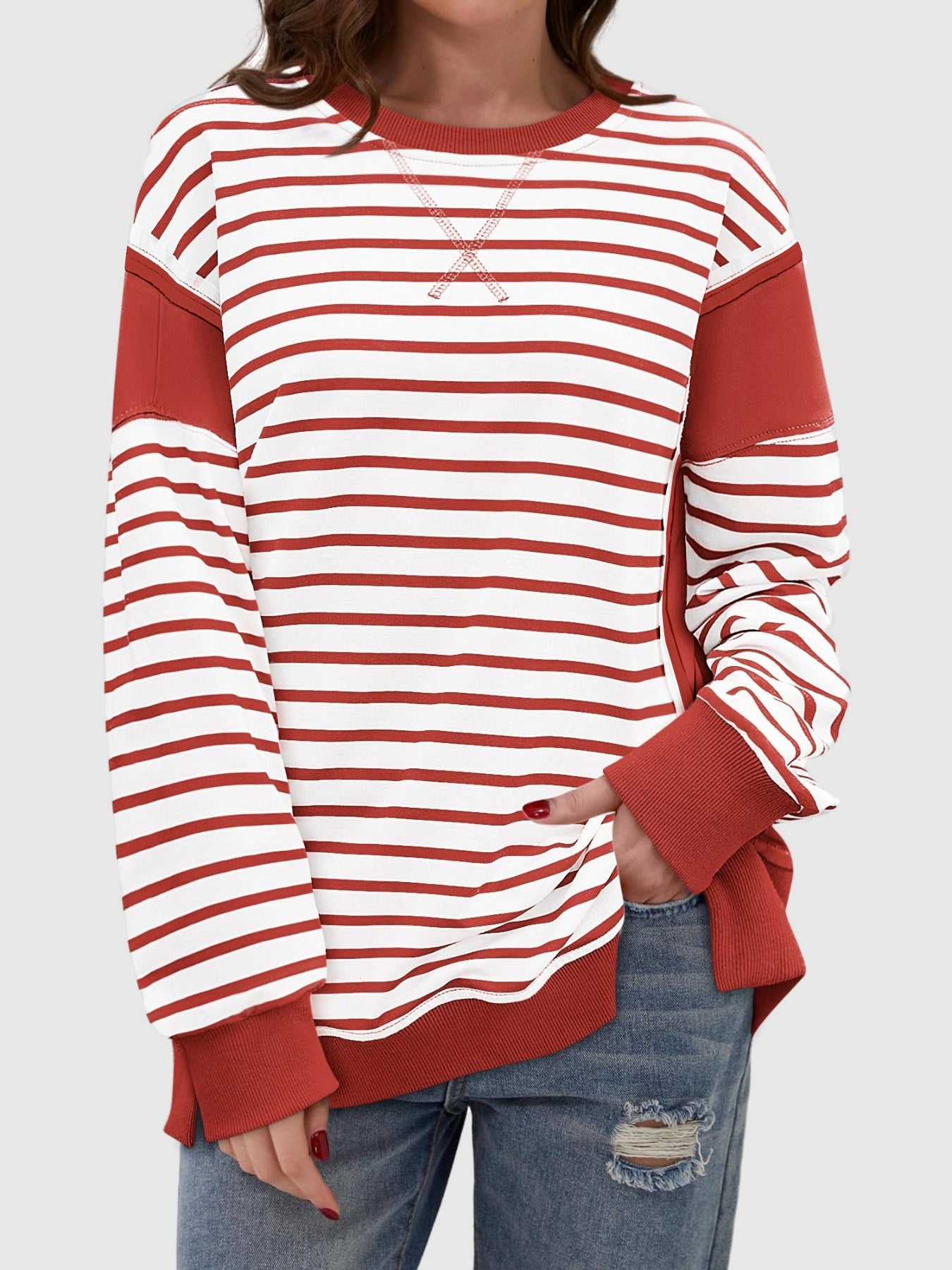 Slit Exposed Seam Striped Long Sleeve Sweatshirt Trendsi