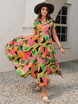 Tropical Print V-Neck Short Sleeve Midi Dress