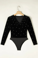 Pearl Detail V-Neck Long Sleeve Bodysuit Trendsi