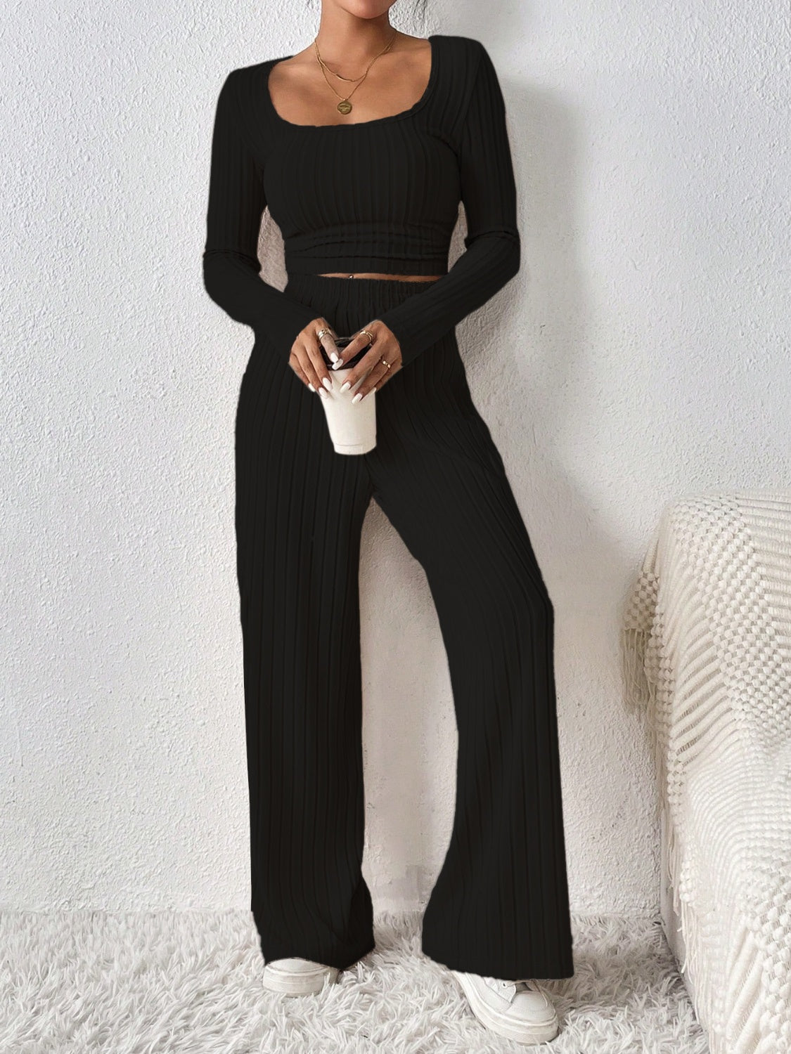 Scoop Neck Long Sleeve Top and Pants Set Trendsi