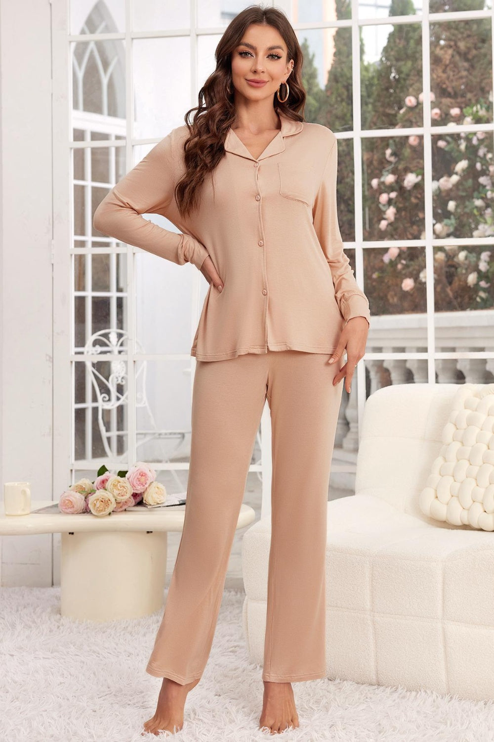 Button Up Long Sleeve Top and Pants Lounge Set Trendsi