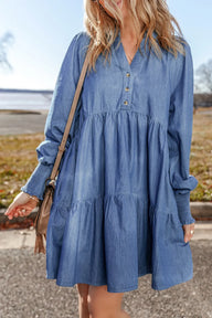 Tiered Johnny Collar Long Sleeve Denim Dress Trendsi