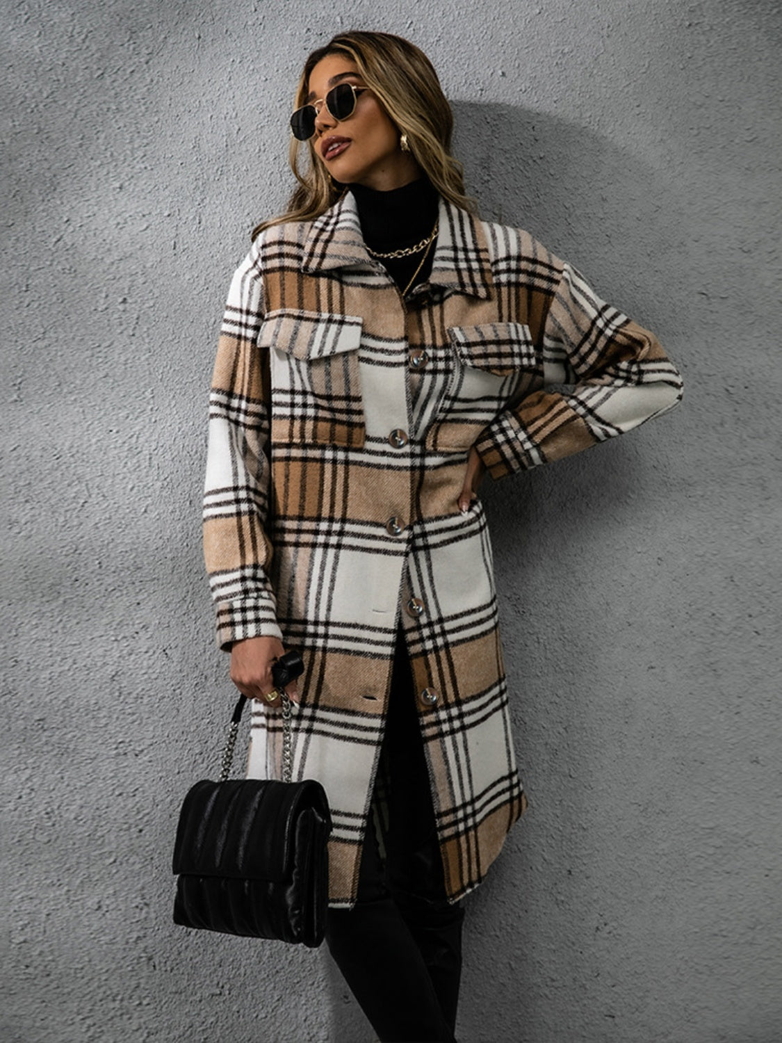 Plaid Collared Neck Long Sleeve Coat Trendsi