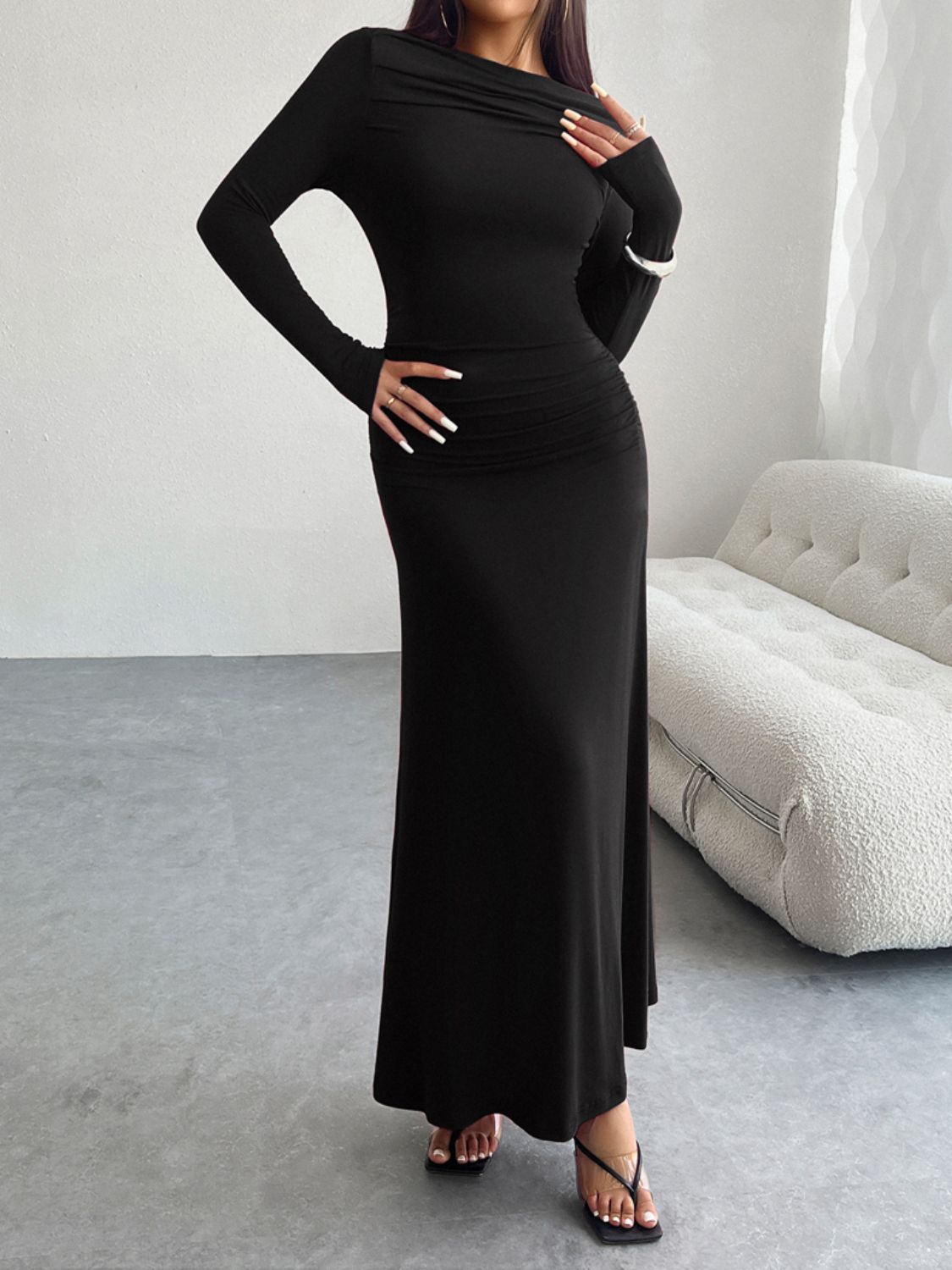 Ruched Long Sleeve Maxi Dress Trendsi