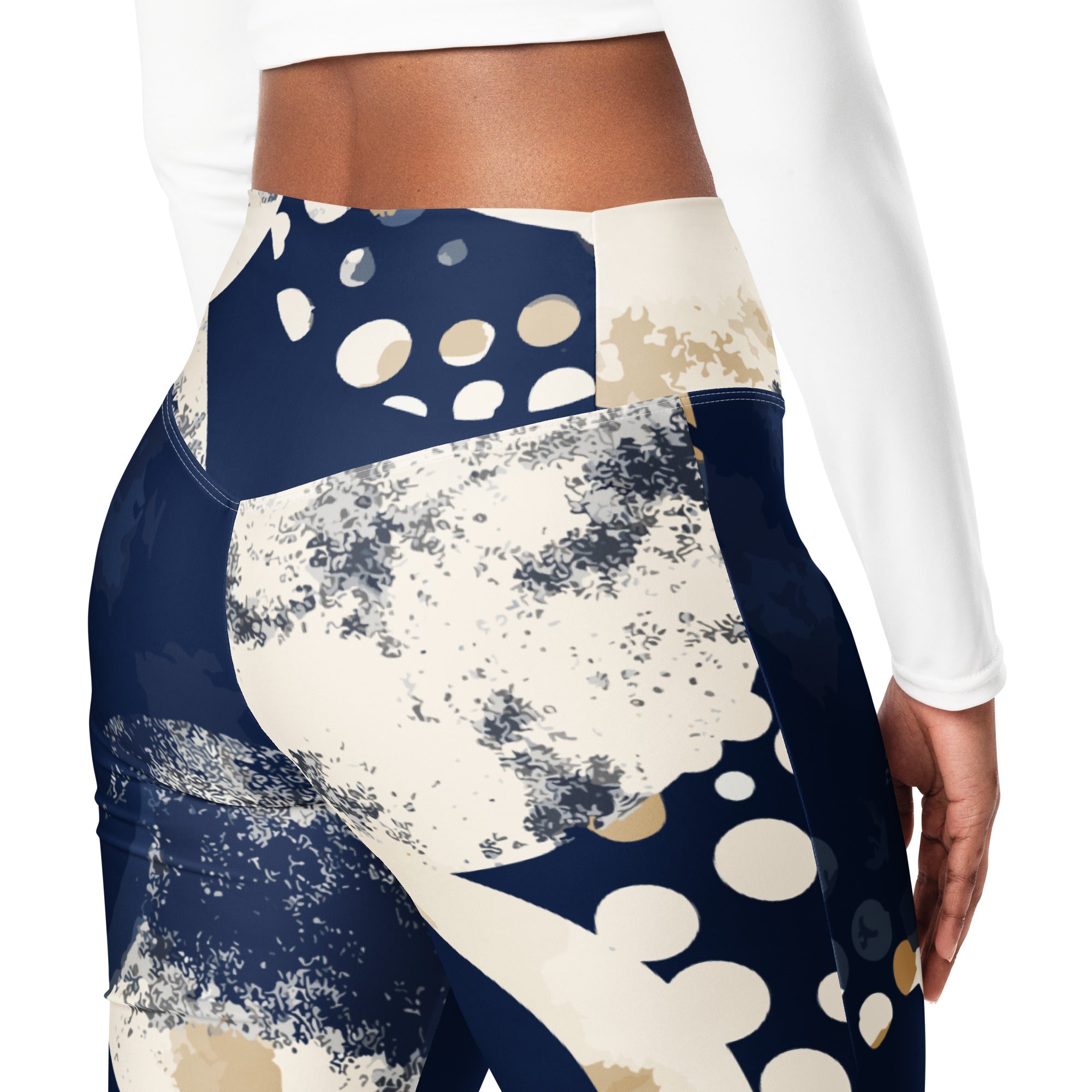 Womens Flare Leggings, Blue Beige Spotted Print Grey Coco