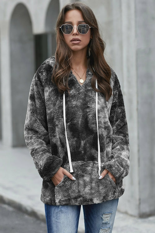 V-neck Tie-dye Plush Pullover Hoodie Jade