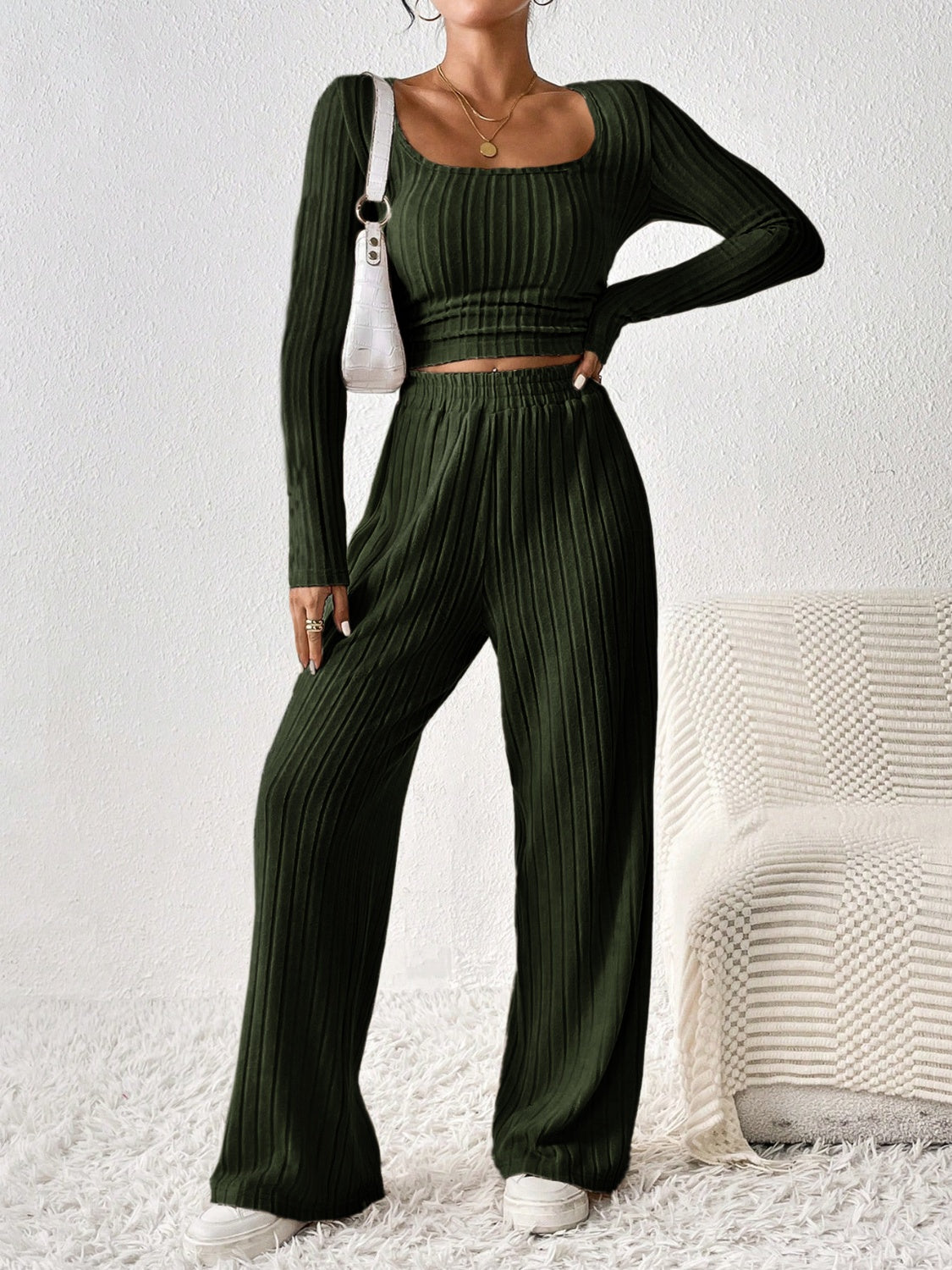 Scoop Neck Long Sleeve Top and Pants Set Trendsi