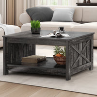 Dexturs Square Coffee Table, Farmhouse Coffee Table with Half Open Storage Compartment, Rustic Gray