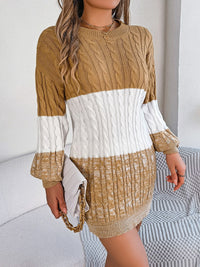 Cable-Knit Round Neck Color Block Sweater Dress Trendsi