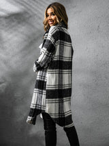 Plaid Collared Neck Long Sleeve Coat Trendsi