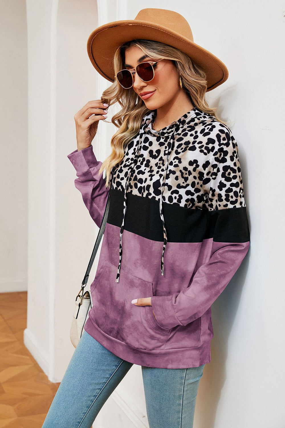 Leopard Drawstring Hoodie with Pocket Trendsi