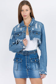 American Bazi Distressed Denim Jacket with Frayed Hem Trendsi