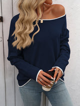 Contrast Trim Round Neck Long Sleeve Sweater Trendsi