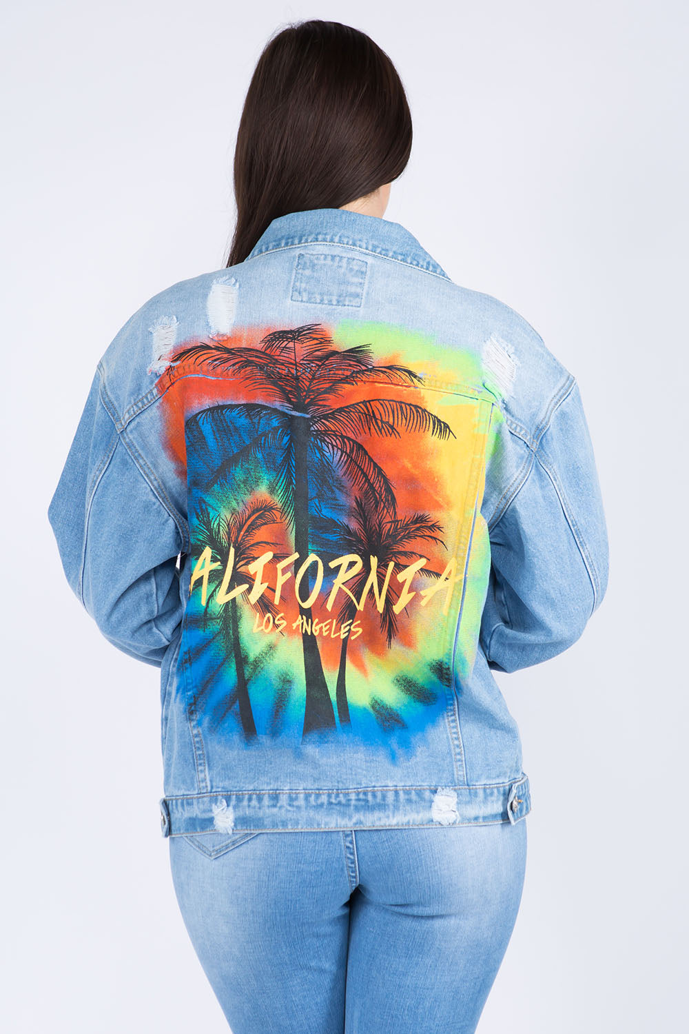 American Bazi Full Size Painted Back Distressed Denim Jacket Trendsi