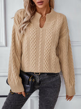 Cable-Knit Notched Long Sleeve Sweater Trendsi