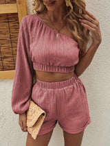 Honey One Shoulder Long Sleeve Top and Shorts Set Trendsi