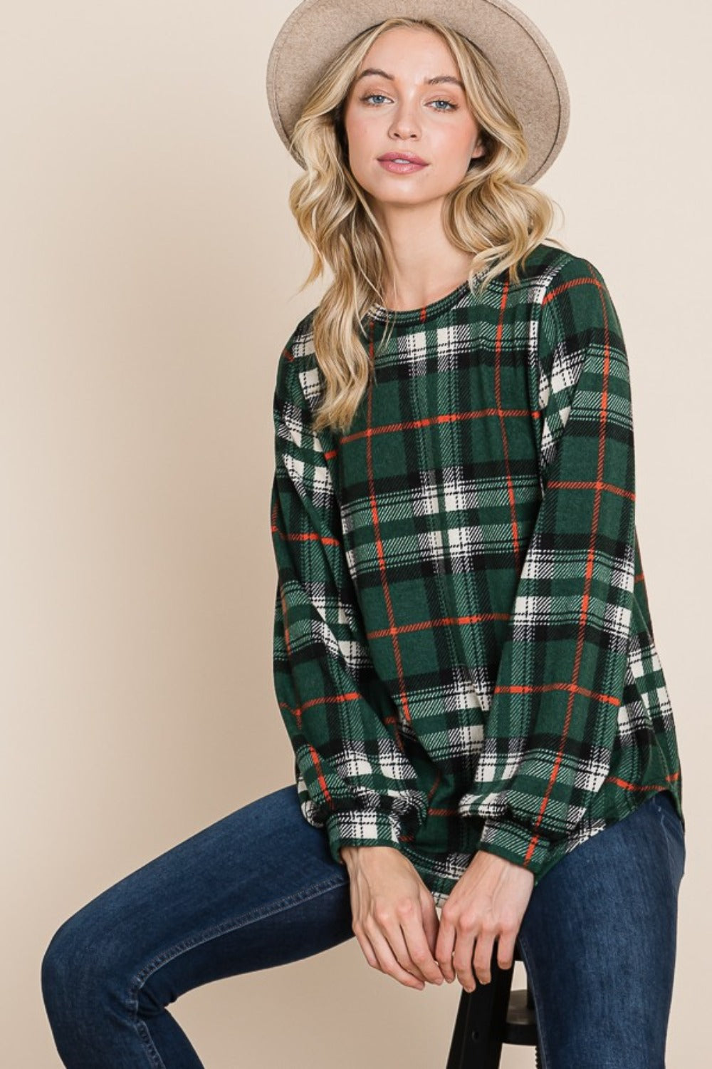 BOMBOM Curved Hem Plaid Round Neck Long Sleeve Top Trendsi