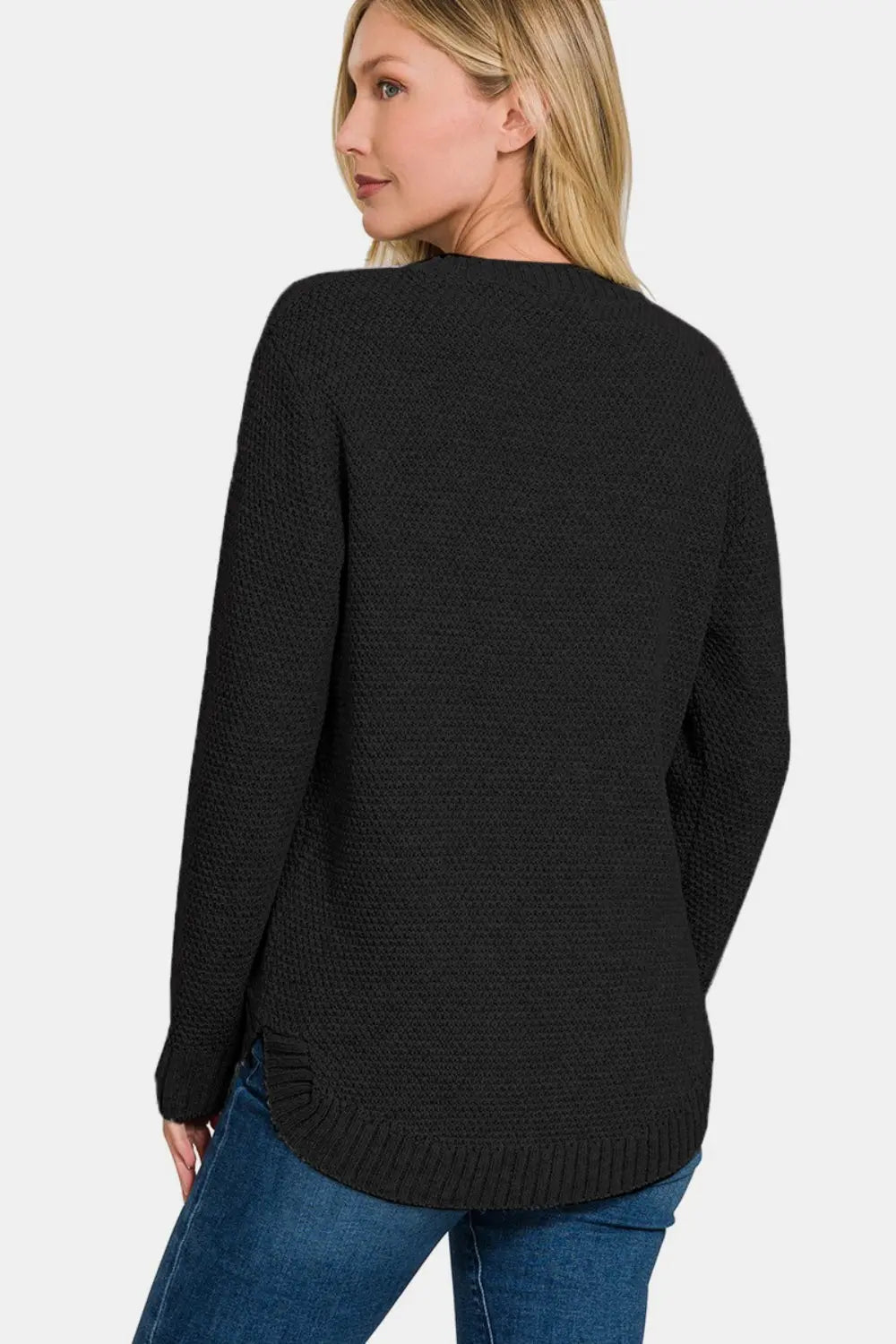 Zenana Ful Size Round Neck Long Sleeve Curved Hem Sweater Trendsi