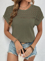 Waffle-Knit Round Neck Short Sleeve Top Trendsi