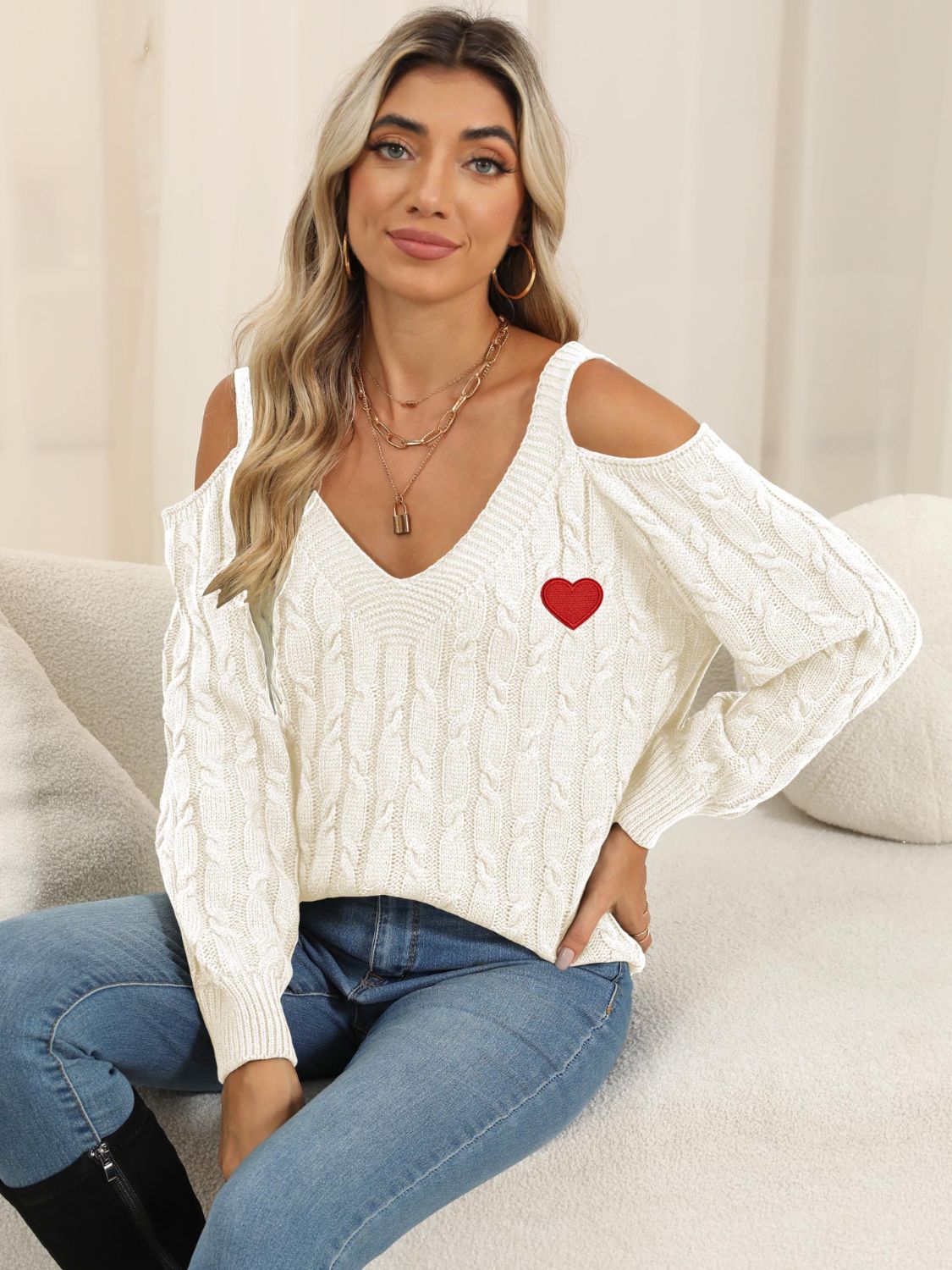 Cable-Knit Heart V-Neck Sweater Trendsi