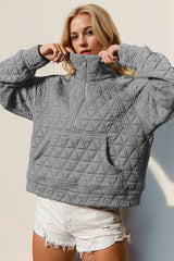 Double Take Half Zip Long Sleeve Quilted Sweatshirt with Pocket Trendsi