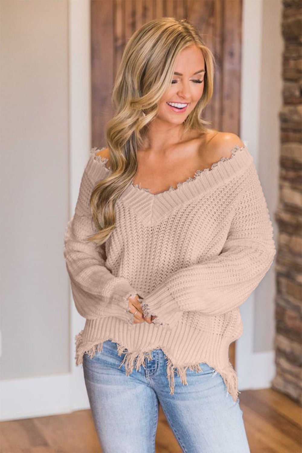 Frayed Hem Dropped Shoulder Sweater Trendsi