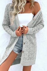 Openwork Button Down Long Sleeve Cardigan Trendsi