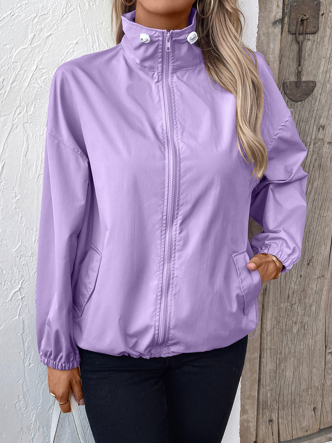 Pocketed Zip Up Long Sleeve Jacket Trendsi