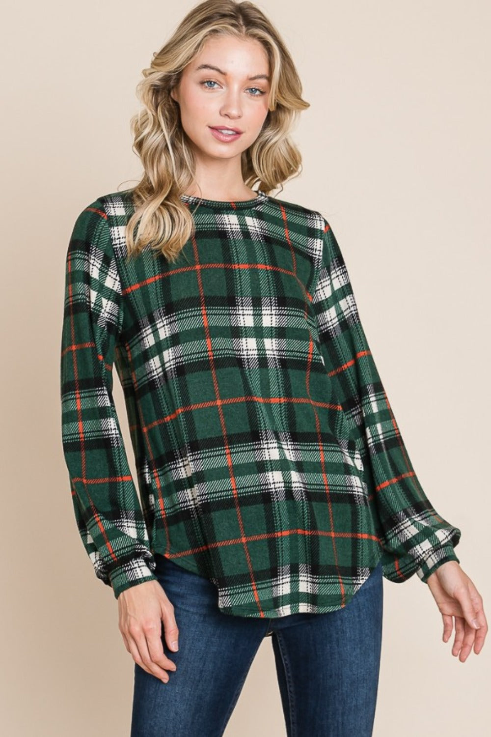 BOMBOM Curved Hem Plaid Round Neck Long Sleeve Top Trendsi