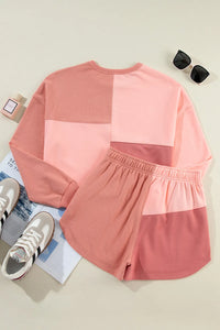 Color Block Round Neck Top and Shorts Set Trendsi