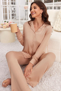 Button Up Long Sleeve Top and Pants Lounge Set Trendsi