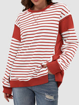 Slit Exposed Seam Striped Long Sleeve Sweatshirt Trendsi