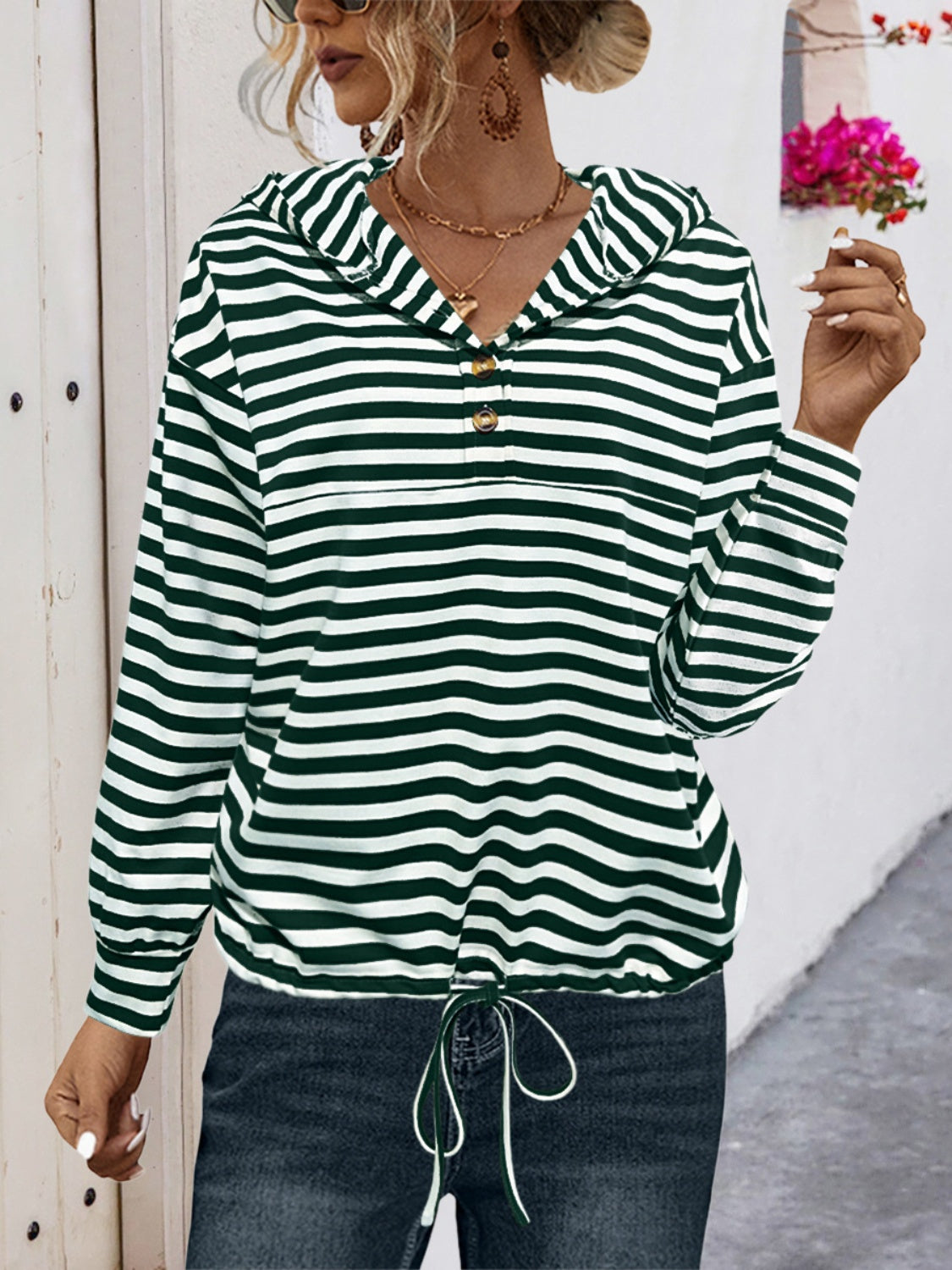 Drawstring Striped Long Sleeve Hoodie Trendsi