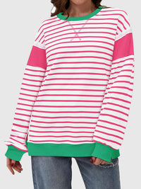 Slit Exposed Seam Striped Long Sleeve Sweatshirt Trendsi