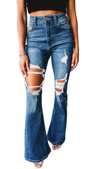 Blue High Waist Distressed Cutout Flare Leg Jeans-8