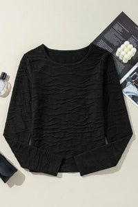 Textured Round Neck Long Sleeve Blouse Trendsi