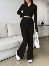 Zip Up Long Sleeve Top and Pants Set Trendsi