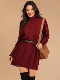 Perfee Slit Turtleneck Long Sleeve Mini Sweater Dress Trendsi