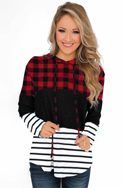 Plaid Striped Splicing Color Block Drawstring Hoodie Jade