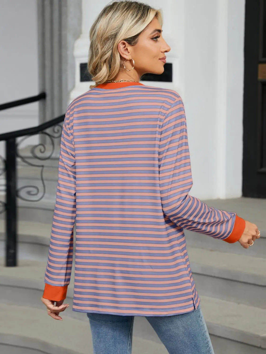 Pocketed Striped Round Neck Long Sleeve T-Shirt Trendsi