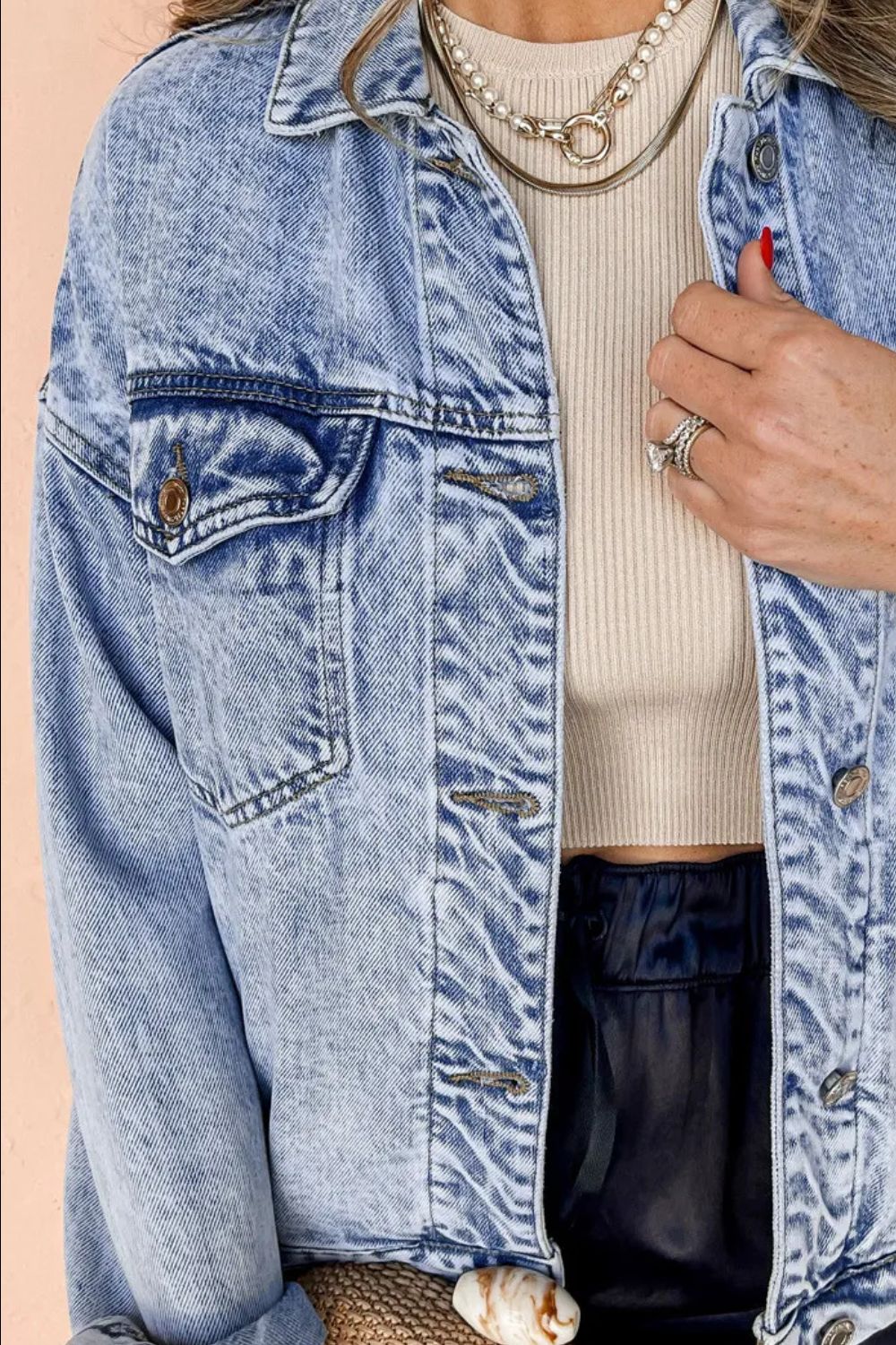 Pocketed Button Up Dropped Shoulder Denim Jacket Trendsi